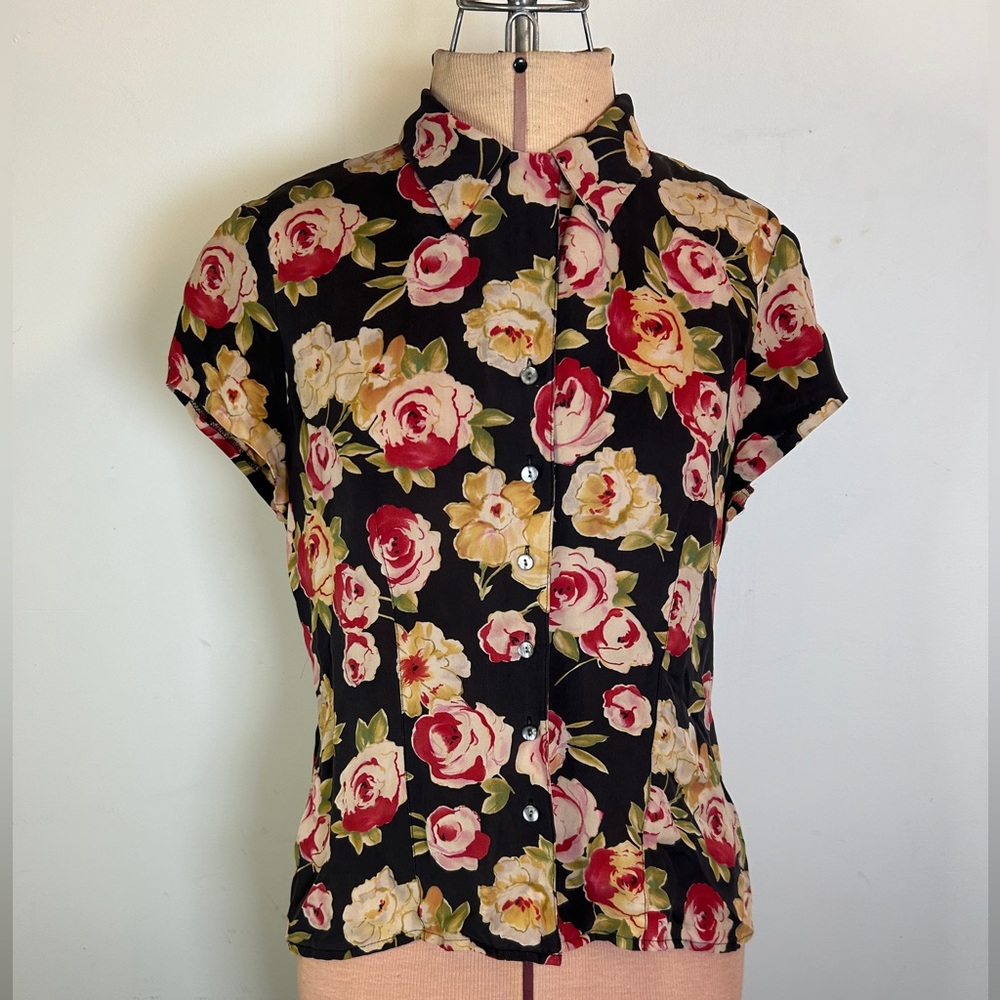 Vintage Silk Petite Sophisticate Floral Rose 🌹 Button-Up Women's Top Size XS